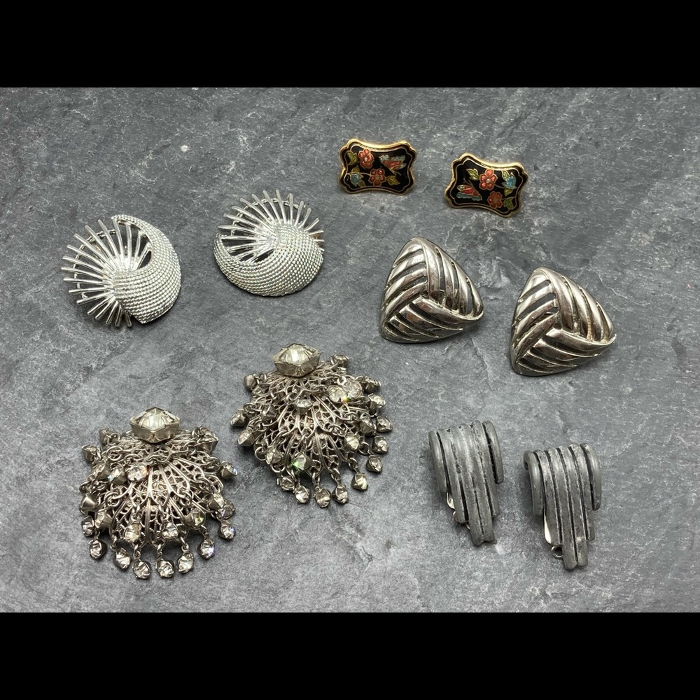 CLIP-ON Women’s Vintage Bundle 5x pairs earrings silver gold cloisonné